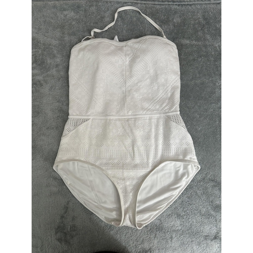 Anne Cole One Piece Swimsuit Womens Size 16 White Lace Halter Cutout Beach